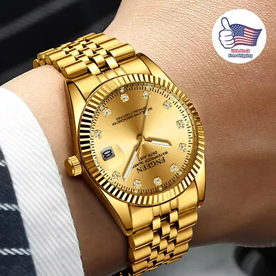 Gold Stainless Steel Men's Watch Relojes De Hombre Quartz Classic Small Dial • $14.99