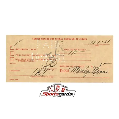 Marilyn Monroe Bank Issue Service Charge Receipt Dated 10-1-51 • $124.99