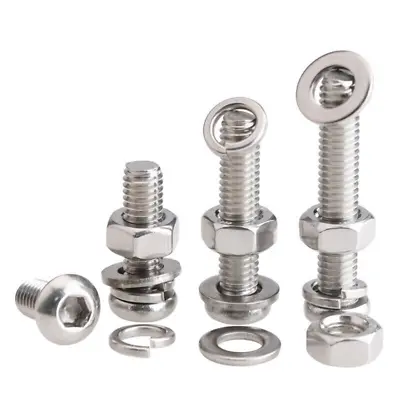 M2-M16 Button Head Screws Bolt With Hex Nut Flat & Spring Washer Stainless Steel • £2.46