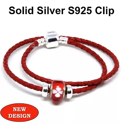 Double Leather Bracelet With S925 Silver Clip Stoppers & Murano Charm In Red • £14.99