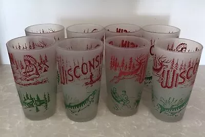 Vintage Wisconsin State Souvenir Frosted Glass Tumbler Set Of 8 … Awesome 60’s • $79.56