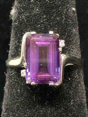 Vintage BT-10Kt White Gold Glass Amethyst Ring 8.5 Size 3.7 Grams Big Beautiful • $199.99