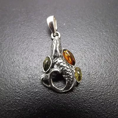 Sterling Silver Unique Mythical DRAGON PENDANT Genuine Multi-color Amber 3.6g • $85.40