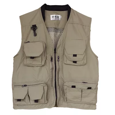 Men Multi Pocket Waistcoat Travel Fishing Photography Outdoor Vest Plus Size • £15.66