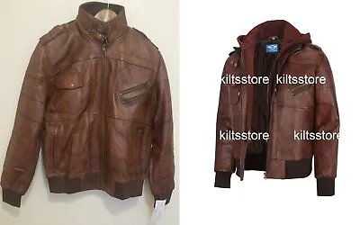 Men Brown Lambskin Leather Jacket Removable Hoodie • $59