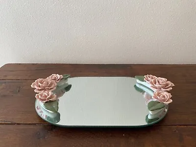 Vintage Oval Mirror Vanity Tray With Raised Porcelain Pink  Roses  14 1/4 X81/2  • $22.50