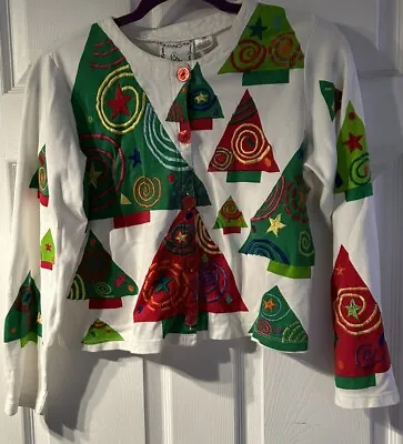 Michael Simon Lite Cardigan S Small White Christmas Trees Embroidered Vintage • $19.98