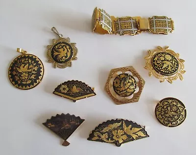 Vintage Lot Of 9 Damascene Toledo Jewelry Fan Brooches Bracelet & Pendants As Is • $15.99