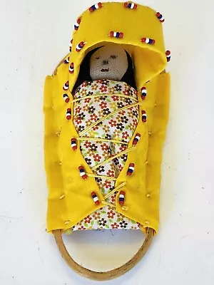 Native American Apache Papoose Cloth Baby Doll Toy Beaded Yellow Cradleboard • £57.90