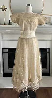 Vintage 50s Ivory Tulle Lace Party Dress Gown Size XS Romantic Garden • $68.99