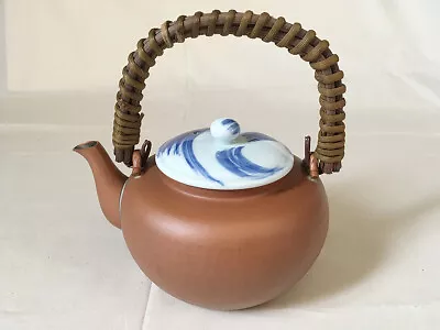 Japanese Teapot Metal Brown With Blue Ceramic Lid Wooden Handle • £30.40