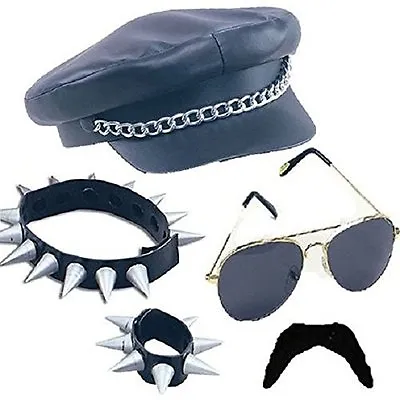 Unisex Black Steampunk Goth Rock Spike YMCA Punk Biker Theme Party 5 Piece Set • £16.95