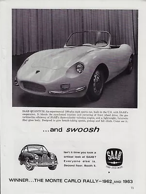 1963 SAAB Quantum Front Wheel Drive Futuristic Swedish Swoosh Vintage Print Ad • $10.99