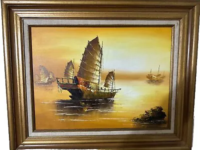 Vintage Chinese Boat Orange Sunset Oil Painting. • $255