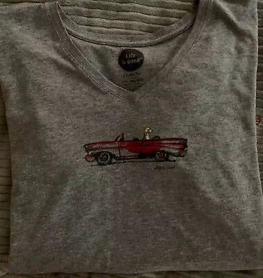 Life Is Good Women's Gray T-shirt XXL 2X Dog Old Car V-Neck • £14.24