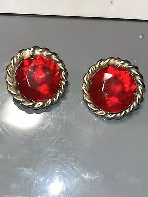 Vintage Marvella Clip Earrings Red Glass Rhinestone Gold Tone • $15.95