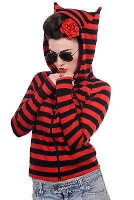 Womens Black Red Striped Emo Rockabilly Punk Cat Ears Hoodie BANNED Apparel • £30.99