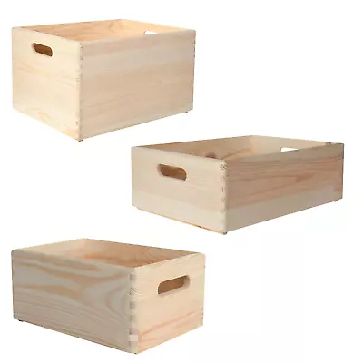 Wooden Crates With Handles | 3 Sizes | Plain Unpainted Natural Wood Storage Box • $83.99