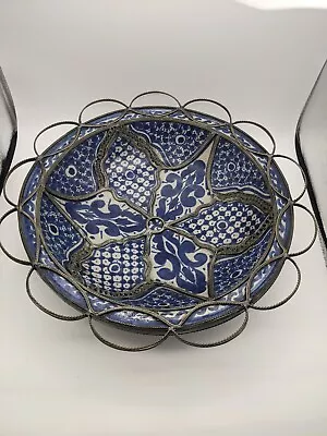 Moroccan Moorish Blue And White Metal Filigree Adorned Bowl Or Plate Wall Hang • $150