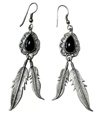 Vintage Ida M Navajo Feather Onyx Earrings Sterling Silver Dangle Signed • $119