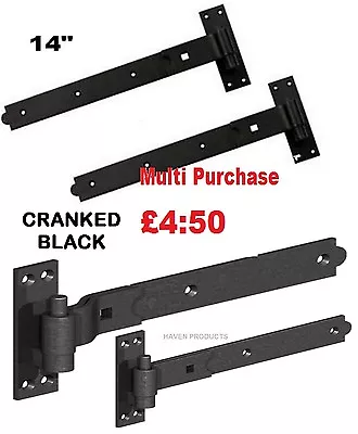 14  Gate Cranked Hook & Band Hinges Heavy Duty Stable Garage Shed Barn Door Blk • £12.90