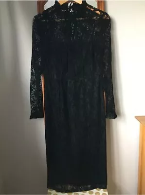 New M&S Black Velvet & Lace Mix Ruffle Neck Dress Size UK 16 • £29.99