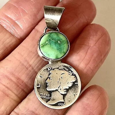 Navajo Mercury Dime Sonoran Gold Turquoise Pendant 1.5in Sterling Coin Signed F • $74.94