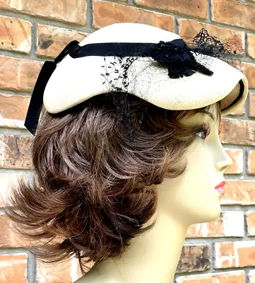 Antique   G Fox & Co  Tan Woven Ladies Hat Wide Brim Black Ribbon Veil Feathers • $28.99