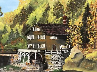 $75 • Buy Vintage Original Painting Water Wheel Stone Grist Mill Naive 18X24 Canvas Board
