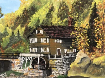 Vintage Original Painting Water Wheel Stone Grist Mill Naive 18X24 Canvas Board • $76.75