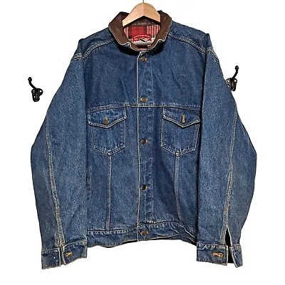 Vintage Marlboro Country Store Jean Jacket Men XL Blue Denim Western Leather • $48.99