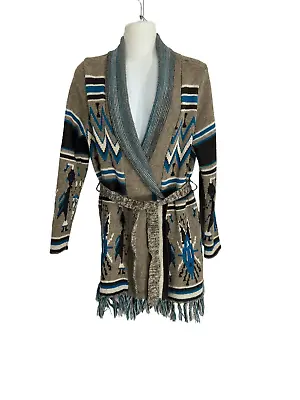 Womens S Aztec Tie Waist Cardigan Sweater Oversize Blue Tan Fringe • $12