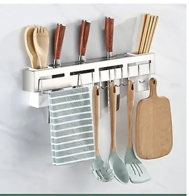 Wall Mount Rack Pan 60cm Knife Holder Utensils Cookware Organizer Hook Kitchen • £7.89