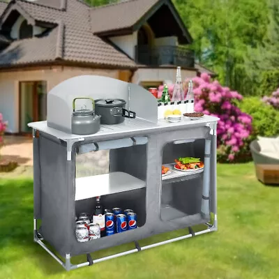 Outdoor Camping Kitchen Collapsible Stand Table Storage Windshield Cooking Area • £105.95