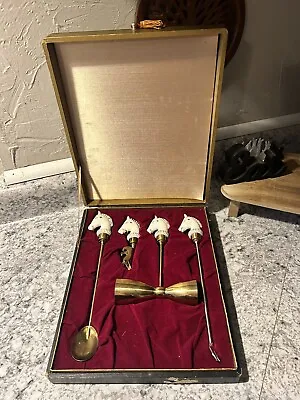 Japan Vintage 4 Piece SET Bar Tool Brass Resin Horse Head White Gold Handles MCM • $55