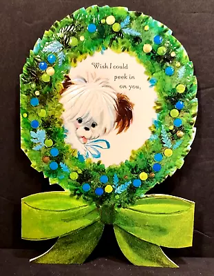 Vintage Hallmark Greeting Card Green Die Cut Wreath Maltese Pup Thought O' You • $12.95