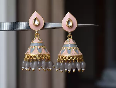 Indian Bollywood Style Light Pink Meenakari Lotus Jhumka Earring For Wedding • $24.29