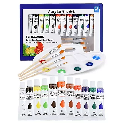 ATMOKO 17pcs Non-Toxic Acrylic Paint Set With 4 Brushes &1 Palette • £8.99