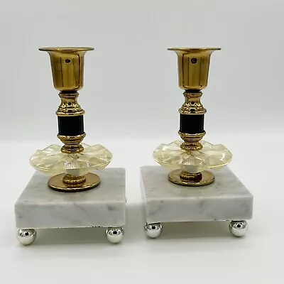 Mid Century Marble Base Acrylic Crystal Brass Candle Holders Black Ball Feet • $18