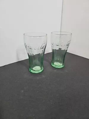 Set 2 Vintage Green Coca Cola  Glasses 4  Mini Glasses 6.5 Oz Orig Labels • $10