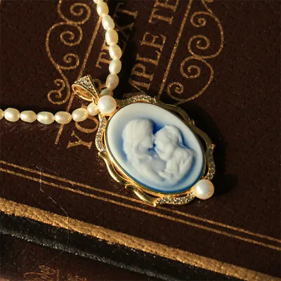 D18 Mother And Child Baby Pendant Cameo Pearl Blue Agate Silver 925 • $108.19