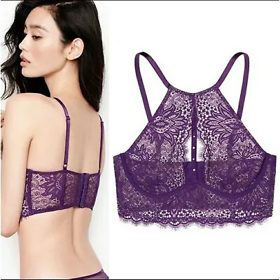 Victoria's Secret Lace High-Neck Halter Long-Line Bra Purple Size 34B • £27.96