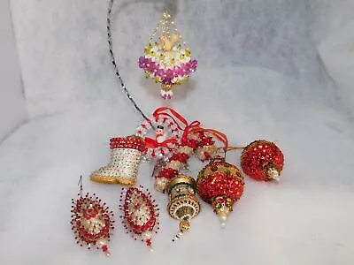 9 Vintage Assorted Beaded Push Pin Sequin Christmas Tree Ornaments • $21.24