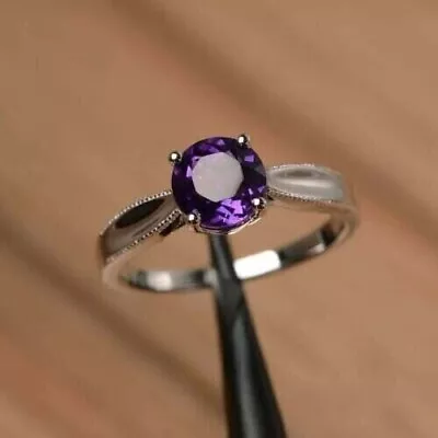 2Carat Engagement Ring Round Cut Amethyst Woman Lab-Created 14KWhite Gold Plated • $173.93