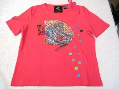 MICHAEL SIMON Event Pink Sequined Fish Pullover Top Neckline Pulls Size S • $14.99
