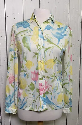 Vintage Vera Neumann Long Sleeve Blouse Shirt-Floral/Bird Print-C24-Size 8 • $29.99