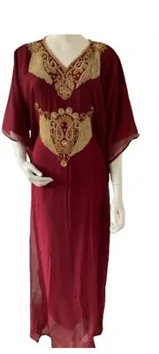 Ladies Jalabiya Farasha Diamante Dubai Abaya Maxi Dress Embroidery (6)- Burgundy • £10