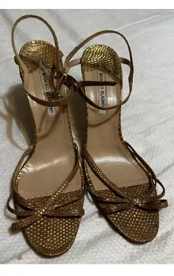 Manolo Blahnik Gold Snakeskin Sandal Heels 42 • $145