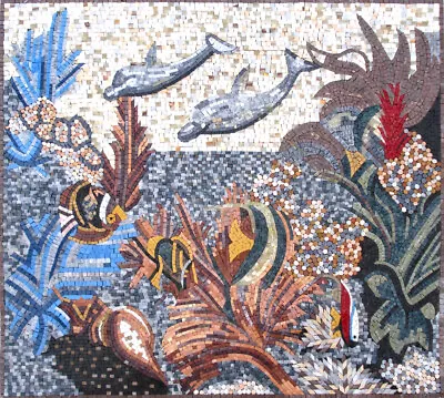 AN026 39.37 ×35.43  Dolphins Coral Reef Marble Mosaic Art • $1599