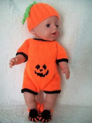 KNITTING PATTERN Baby Dolls Pumpkin Romper Hat Shoes Halloween Outfit 12 -17  DK • £4.45